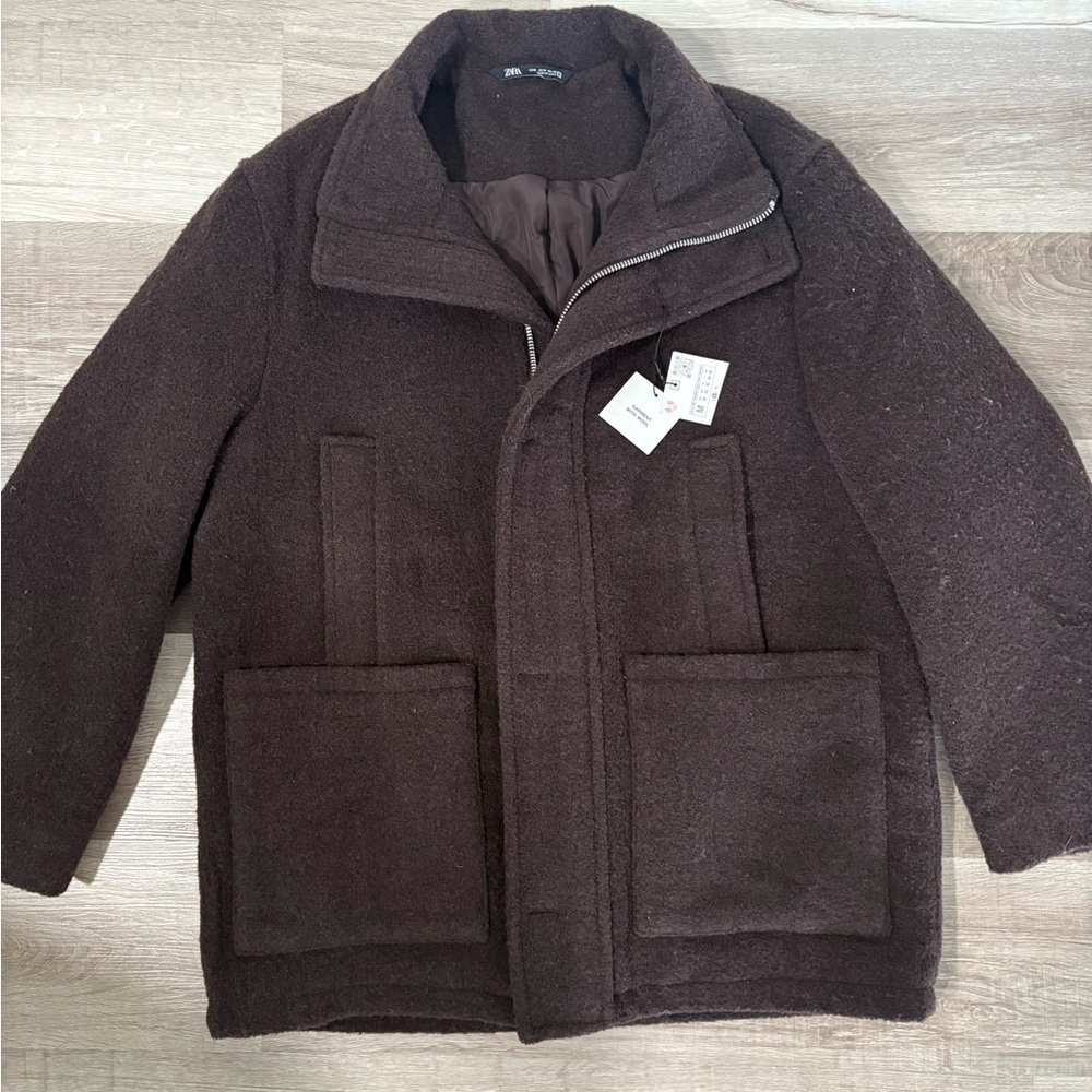 Zara Chocolate Brown Wool-Blend Puffer Coat
